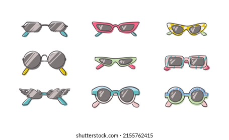 Fashion set of hand drawn cartoon trendy sunglasses in many shapes and styles isolated on white background. Summer time concept. Vector illustration EPS10