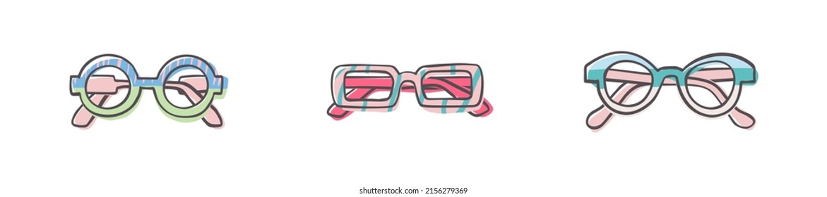 Fashion set of hand drawn cartoon trendy sunglasses in many shapes and styles isolated on white background. Summer time concept. Vector illustration EPS10
