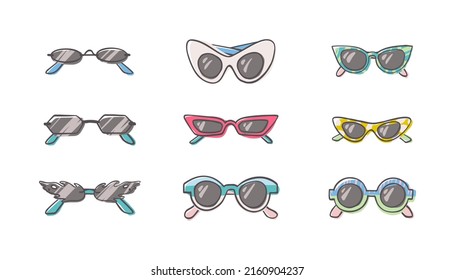 Fashion set of hand drawn cartoon trendy sunglasses in many shapes and styles isolated on white background. Summer time concept. Vector illustration EPS10