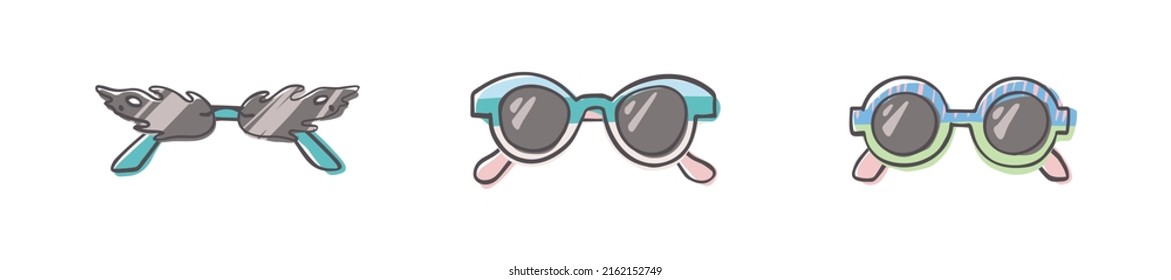 Fashion set of hand drawn cartoon trendy sunglasses in many shapes and styles isolated on white background. Summer time concept. Vector illustration EPS10