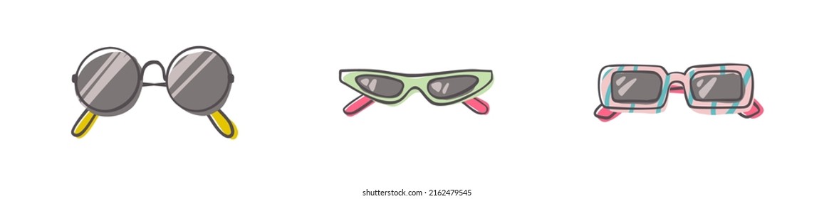 Fashion set of hand drawn cartoon trendy sunglasses in many shapes and styles isolated on white background. Summer time concept. Vector illustration EPS10