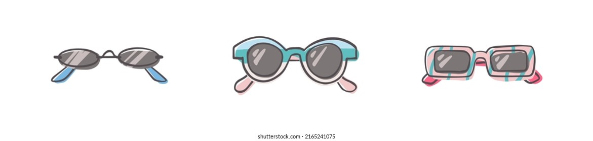 Fashion set of hand drawn cartoon trendy sunglasses in many shapes and styles isolated on white background. Summer time concept. Vector illustration EPS10