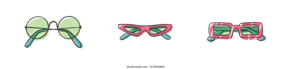 Fashion set of hand drawn cartoon trendy sunglasses in many shapes and styles isolated on white background. Summer time concept. Vector illustration EPS10