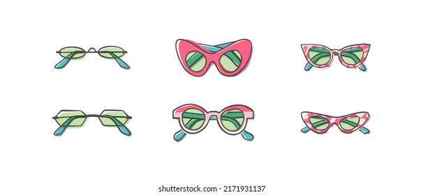 Fashion set of hand drawn cartoon trendy sunglasses in many shapes and styles isolated on white background. Summer time concept. Vector illustration EPS10
