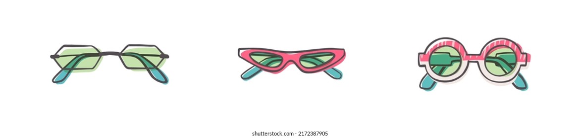 Fashion set of hand drawn cartoon trendy sunglasses in many shapes and styles isolated on white background. Summer time concept. Vector illustration EPS10