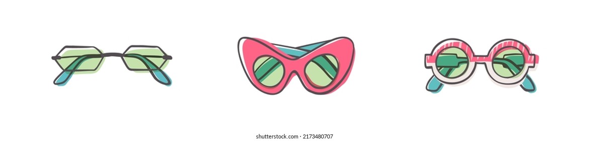 Fashion set of hand drawn cartoon trendy sunglasses in many shapes and styles isolated on white background. Summer time concept. Vector illustration EPS10