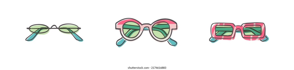Fashion set of hand drawn cartoon trendy sunglasses in many shapes and styles isolated on white background. Summer time concept. Vector illustration EPS10