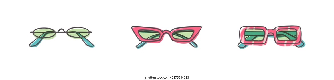 Fashion set of hand drawn cartoon trendy sunglasses in many shapes and styles isolated on white background. Summer time concept. Vector illustration EPS10