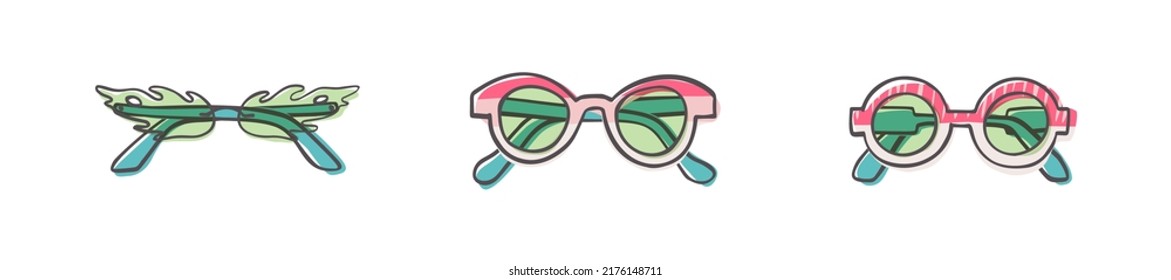 Fashion set of hand drawn cartoon trendy sunglasses in many shapes and styles isolated on white background. Summer time concept. Vector illustration EPS10