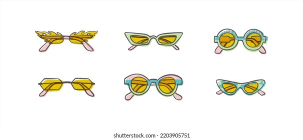 Fashion set of hand drawn cartoon trendy sunglasses in many shapes and styles isolated on white background. Summer time concept. Vector illustration EPS10