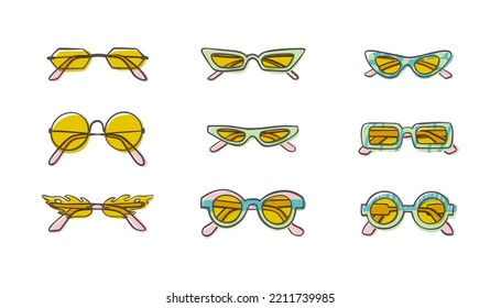 Fashion set of hand drawn cartoon trendy sunglasses in many shapes and styles isolated on white background. Summer time concept. Vector illustration EPS10
