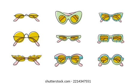 Fashion set of hand drawn cartoon trendy sunglasses in many shapes and styles isolated on white background. Summer time concept. Vector illustration EPS10