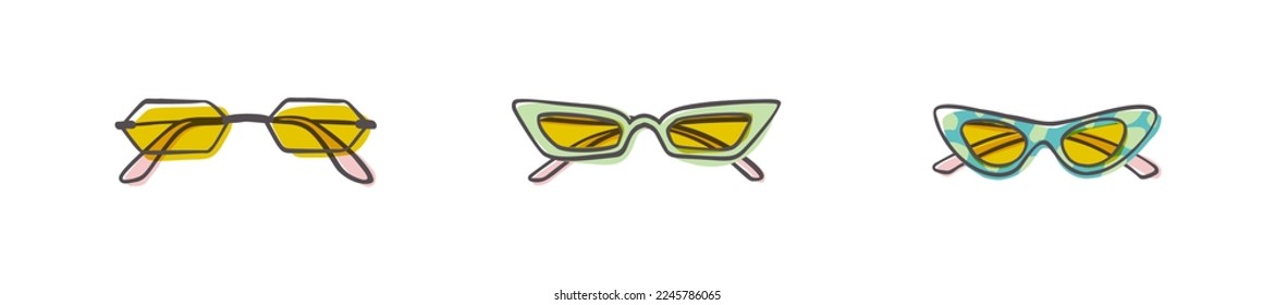 Fashion set of hand drawn cartoon trendy sunglasses in many shapes and styles isolated on white background. Summer time concept. Vector illustration EPS10