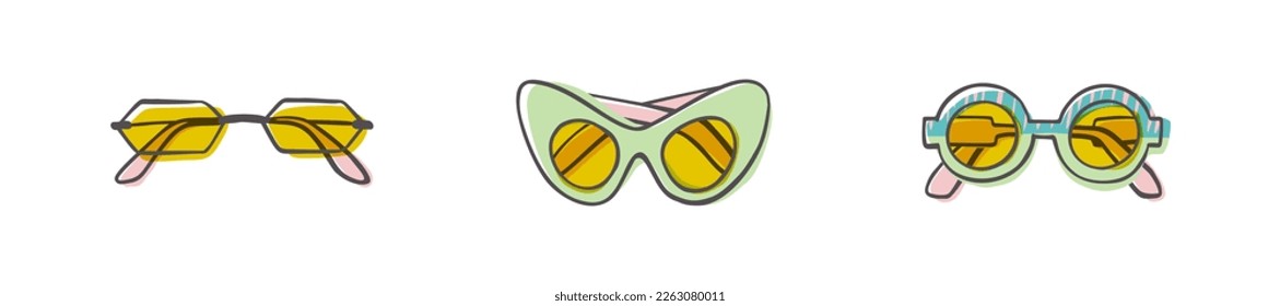 Fashion set of hand drawn cartoon trendy sunglasses in many shapes and styles isolated on white background. Summer time concept. Vector illustration EPS10