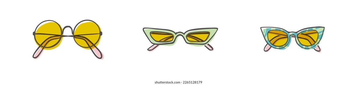 Fashion set of hand drawn cartoon trendy sunglasses in many shapes and styles isolated on white background. Summer time concept. Vector illustration EPS10