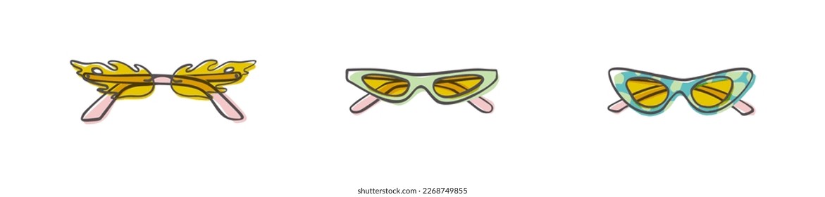 Fashion set of hand drawn cartoon trendy sunglasses in many shapes and styles isolated on white background. Summer time concept. Vector illustration EPS10