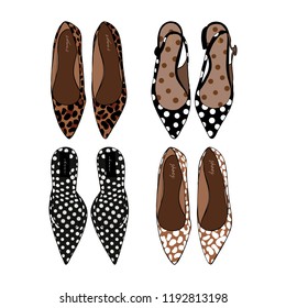 Fashion Set of hand drawn graphic women Footwear, shoes. Casual fashion style, moccasins, ballet shoes with animal prints, leopard, deer, spotted, polka dots. Doodle Design object. Vector illustration