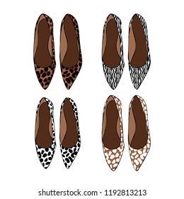 Fashion Set of hand drawn graphic women Footwear, shoes. Fashion style, moccasins, ballet shoes with animal prints, leopard, zebra, deer, spotted, polka dots. Doodle Design. Vector illustration