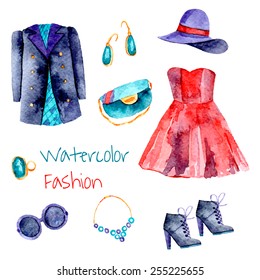 Fashion set. Hand drawn watercolor clothes: dress, hat, jacket, earrings, bag, sunglasses, boots, ring, necklace. Vector illustration. 