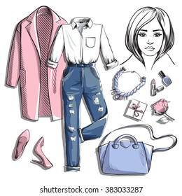 Fashion set. Illustration stylish and trendy clothing with girl. Coat, blouse, jeans, shoes, bag and accessories. Vector