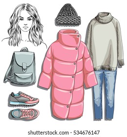 Fashion set. Illustration stylish and trendy clothing with girl. Coat, pullover, jeans, sneakers, backpack and hat.