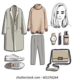 Fashion set. Illustration stylish and trendy clothing with girl. Coat, sweater, trousers, sneakers, bag, accessories and cosmetics. Vector