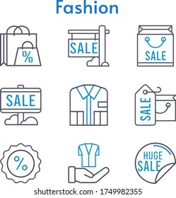 fashion set. included shopping bag, sale, shirt, discount, jacket icons. bicolor styles.
