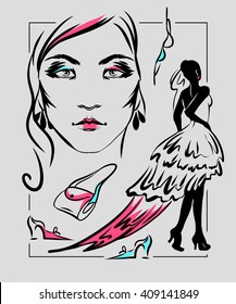 Fashion set including face accessory and silhouette figure in dress