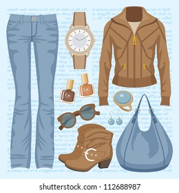 Fashion set with jeans and a jacket. vector
