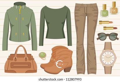 Fashion set with jeans and a jacket. vector