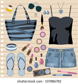 Fashion set with jeans skirt. vector