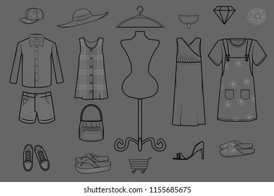 fashion set line style vector illustration for shopping concept and product category template and icon isolated on dark grey background