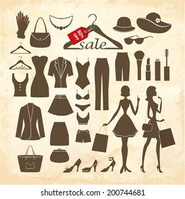 Fashion set on a retro background with a grunge frame