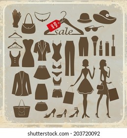 Fashion set on a retro background with a grunge frame 