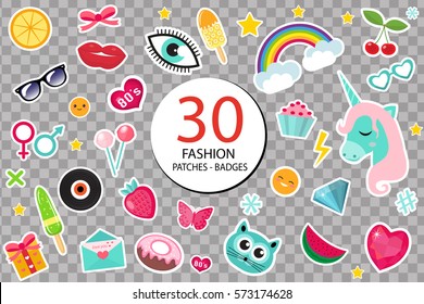 Fashion set of patches 80s comic style. Pins, badges and stickers Collection cartoon pop art with a unicorn, rainbow, lips, emoji. Isolated on transparent background. Vector illustration