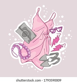 Fashion set. Sketch style vector collection. Clothes, footwear and accessories. Isolated vector object. White circle dots.