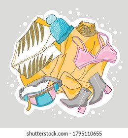 Fashion set. Sketch style vector collection. Clothes, footwear and accessories. Isolated vector object. White circle dots.