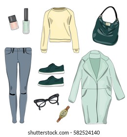 Fashion set of spring women's clothing and accessories
