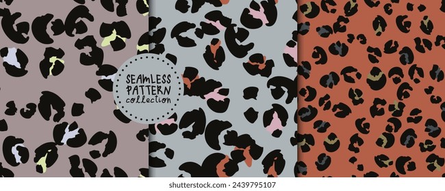 Conjunto de moda de patrones cuadrados sin costuras, fondos con manchas de leopardo. Elementos de diseño vectorial repetitivos para impresión