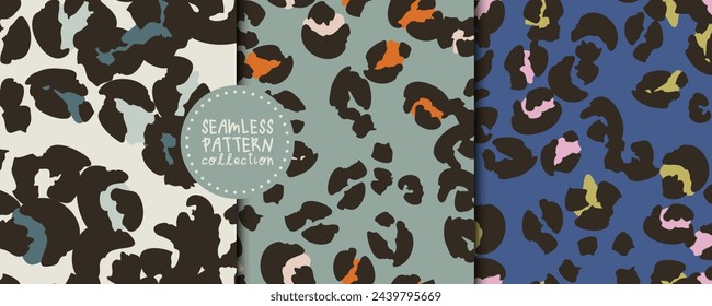 Fashion set of  square seamless patterns, backgrounds with leopard spots. Repeating vector design elements for print