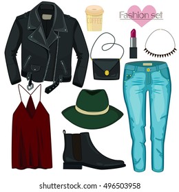 Fashion set in a style flat design.Vector set of autumn clothes and accessories with text. Spring clothes. Cool party outfit. Casual clothing collection. Top, jacket, bag, hat, chelsea boots, jeans.