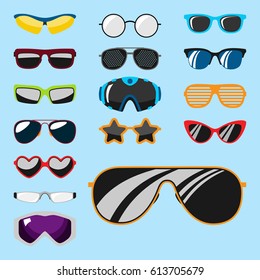 Fashion set sunglasses accessory sun spectacles plastic frame modern eyeglasses vector illustration.