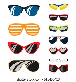 Fashion set sunglasses accessory sun spectacles plastic frame modern eyeglasses vector illustration.