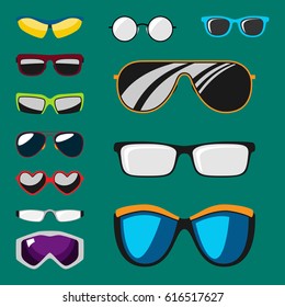 Fashion set sunglasses accessory sun spectacles plastic frame modern eyeglasses vector illustration.