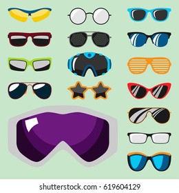 Fashion set sunglasses accessory sun spectacles plastic frame modern eyeglasses vector illustration.