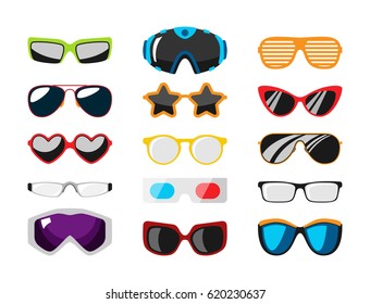 Fashion set sunglasses accessory sun spectacles plastic frame modern eyeglasses vector illustration.