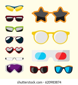 Fashion set sunglasses accessory sun spectacles plastic frame modern eyeglasses vector illustration.