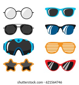 Fashion set sunglasses accessory sun spectacles plastic frame modern eyeglasses vector illustration.