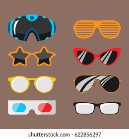 Fashion set sunglasses accessory sun spectacles plastic frame modern eyeglasses vector illustration.