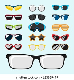 Fashion set sunglasses accessory sun spectacles plastic frame modern eyeglasses vector illustration.